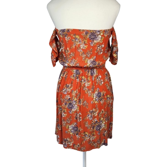 American Eagle Outfitters Orange Floral Mini Dress Off Shoulder XS Boho Pockets - Picture 6 of 14